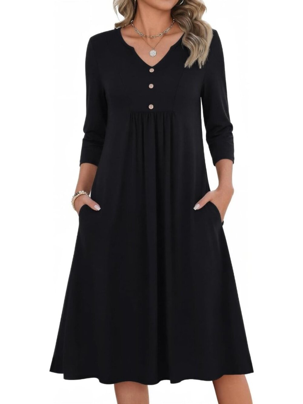 Casual A-Line Midi Dress for Women, 3/4 Sleeve, Fall Fashion, Pockets